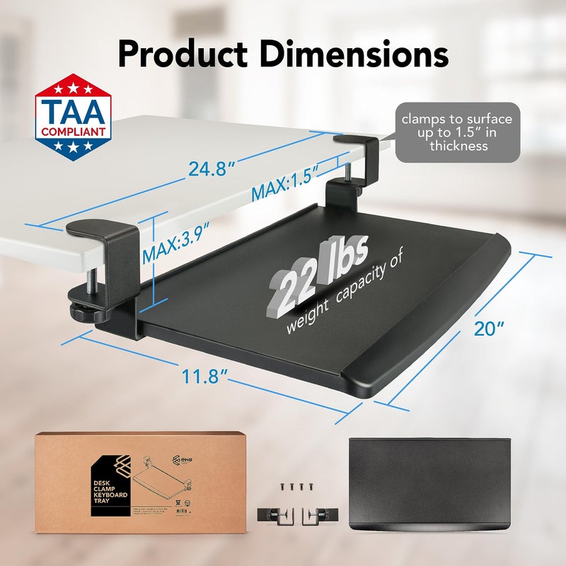 EHO صينية لوحة المفاتيح القابلة للتثبيت على المكتب EHO Prime، درج منزلق قابل للسحب تحت المكتب، منصة مريحة موفرة للمساحة للوحة المفاتيح القياسية، تمديد محطة العمل الكبير 20" x 11.5" - Image 4